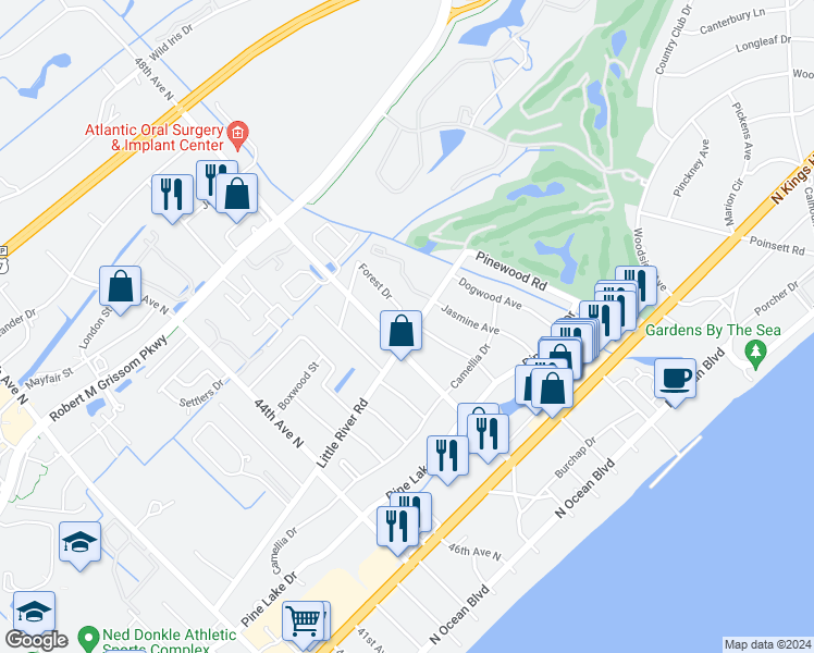 map of restaurants, bars, coffee shops, grocery stores, and more near 4805 Forest Drive in Myrtle Beach
