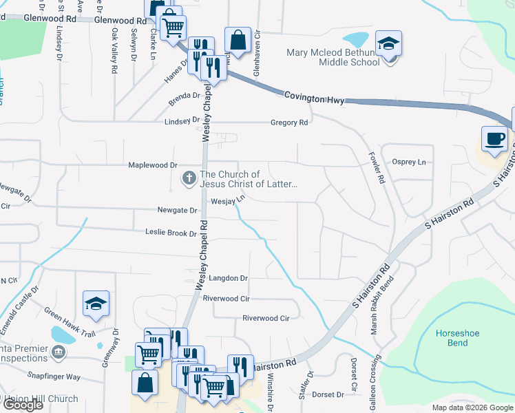 map of restaurants, bars, coffee shops, grocery stores, and more near 4386 Aldergate Drive in Decatur