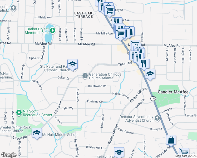 map of restaurants, bars, coffee shops, grocery stores, and more near 2498 Brentwood Court in Decatur