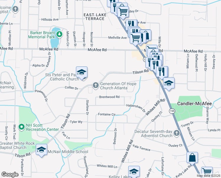 map of restaurants, bars, coffee shops, grocery stores, and more near 2498 Brentwood Court in Decatur