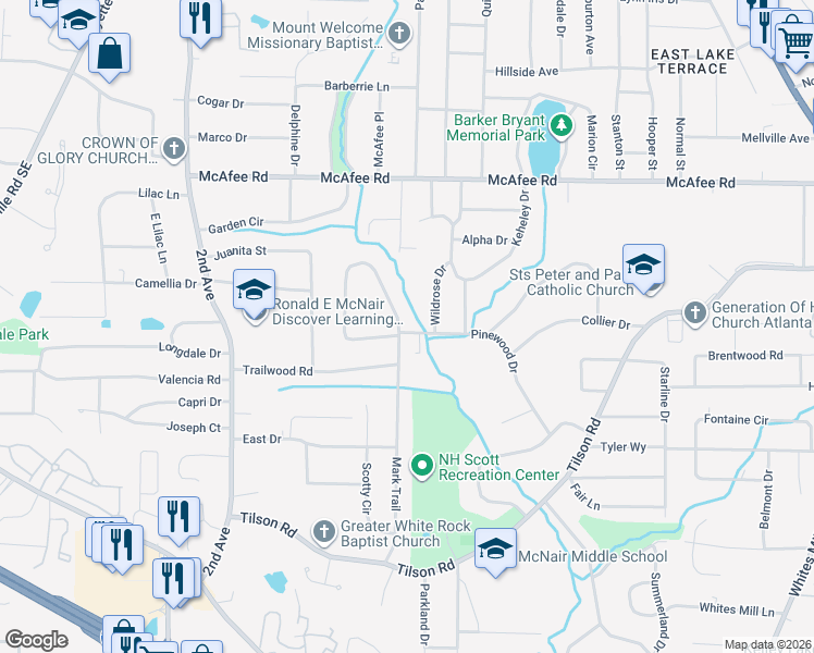 map of restaurants, bars, coffee shops, grocery stores, and more near 2144 Mark Trail in Decatur
