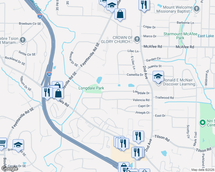 map of restaurants, bars, coffee shops, grocery stores, and more near 2214 Lilac Lane in Decatur