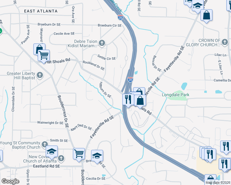 map of restaurants, bars, coffee shops, grocery stores, and more near 1905 Flat Shoals Road Southeast in Atlanta