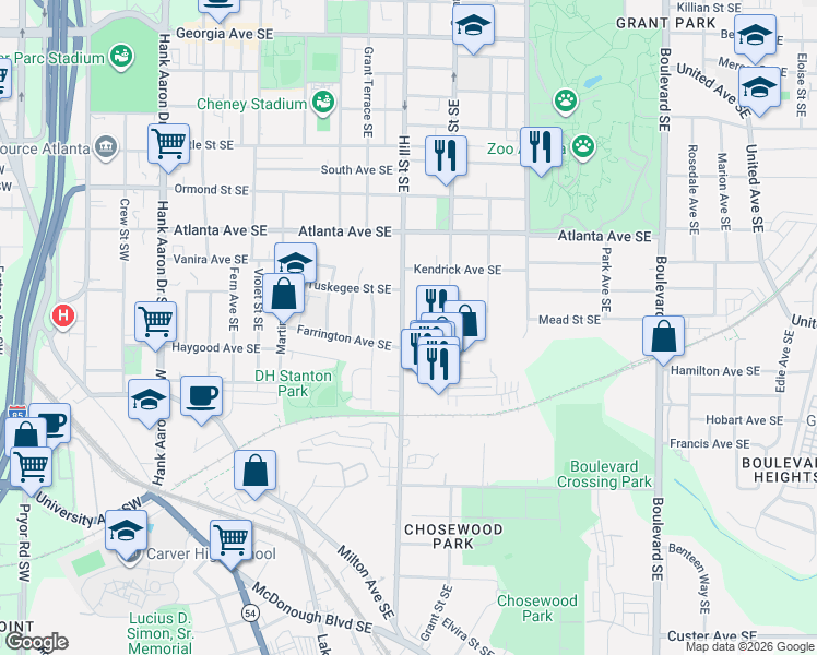 map of restaurants, bars, coffee shops, grocery stores, and more near 996 Hill Street Southeast in Atlanta