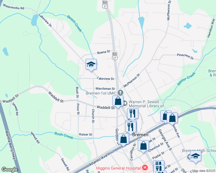 map of restaurants, bars, coffee shops, grocery stores, and more near 111 Marchman Street in Bremen