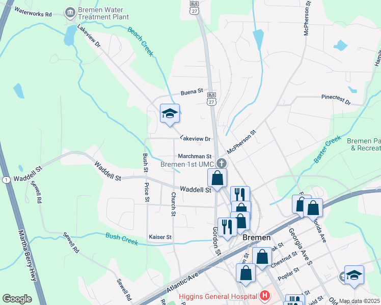 map of restaurants, bars, coffee shops, grocery stores, and more near 115 Marchman Street in Bremen
