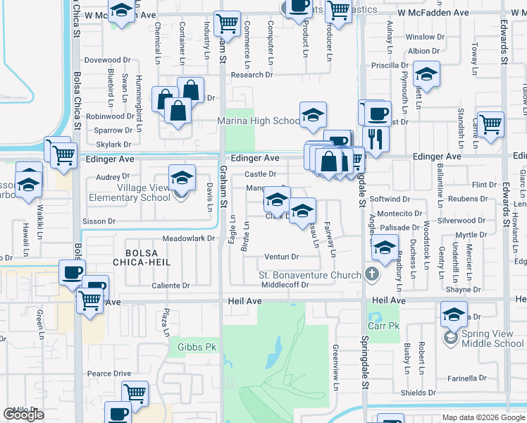 map of restaurants, bars, coffee shops, grocery stores, and more near 5631 Clark Drive in Huntington Beach