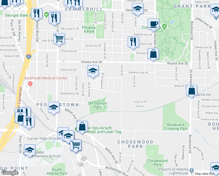 map of restaurants, bars, coffee shops, grocery stores, and more near 1000 Farrington Place Southeast in Atlanta
