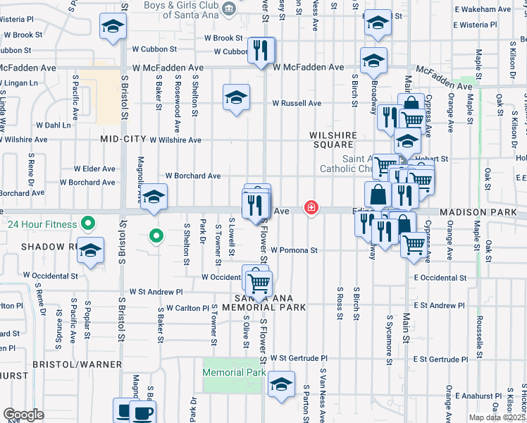 map of restaurants, bars, coffee shops, grocery stores, and more near West Edinger Avenue & South Flower Street in Santa Ana