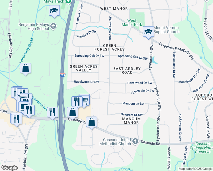 map of restaurants, bars, coffee shops, grocery stores, and more near 3280 Hazelwood Drive Southwest in Atlanta