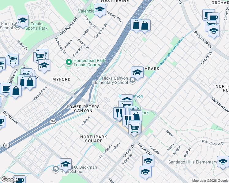 map of restaurants, bars, coffee shops, grocery stores, and more near 144 Monte Vista in Irvine