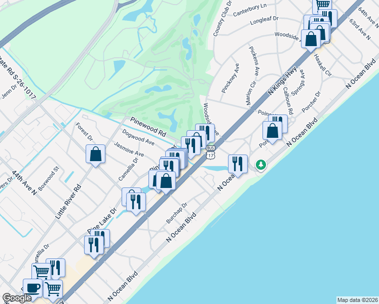 map of restaurants, bars, coffee shops, grocery stores, and more near 4D Pinewood Road in Myrtle Beach