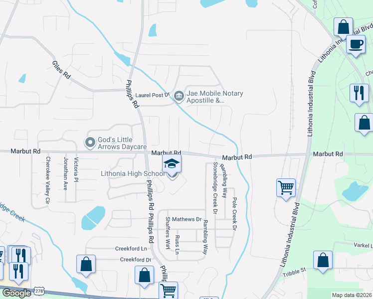map of restaurants, bars, coffee shops, grocery stores, and more near 6419 Bedford Lane in Lithonia