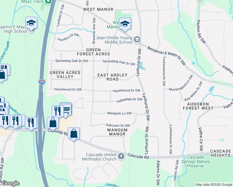 map of restaurants, bars, coffee shops, grocery stores, and more near 3174 Hazelwood Drive Southwest in Atlanta