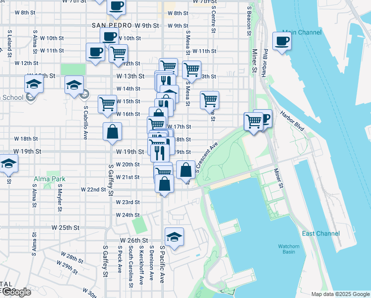 map of restaurants, bars, coffee shops, grocery stores, and more near 1833 South Mesa Street in Los Angeles