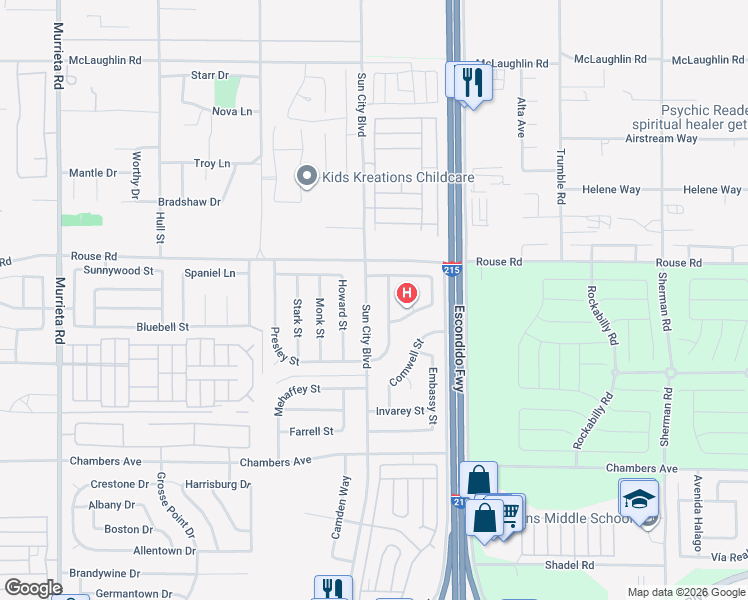 map of restaurants, bars, coffee shops, grocery stores, and more near 28409 Sun City Boulevard in Menifee