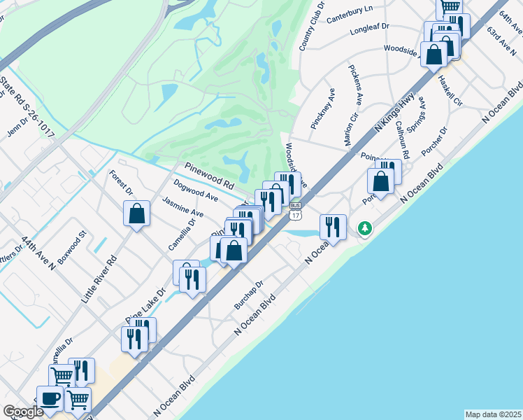 map of restaurants, bars, coffee shops, grocery stores, and more near 4D Pinewood Road in Myrtle Beach