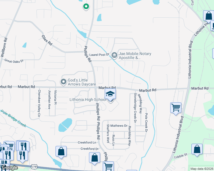 map of restaurants, bars, coffee shops, grocery stores, and more near 2109 West Morgan's Bluff Court in Lithonia