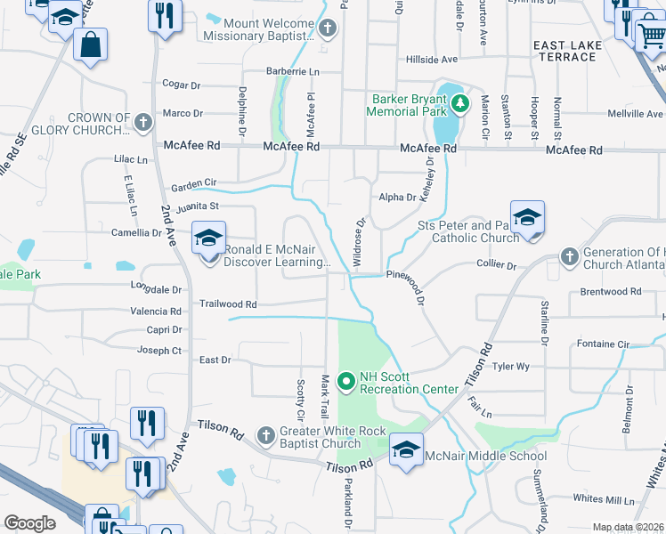 map of restaurants, bars, coffee shops, grocery stores, and more near 2144 Mark Trail in Decatur