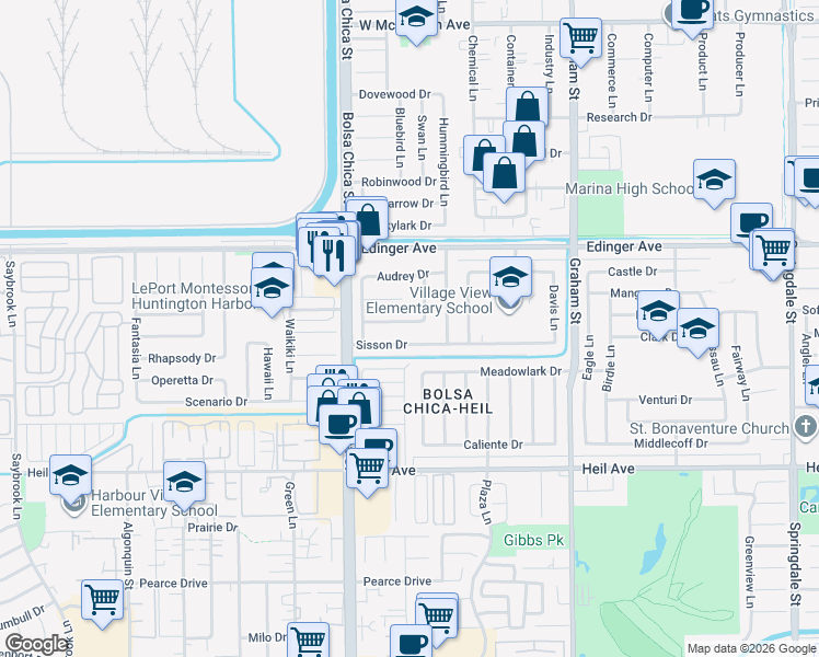 map of restaurants, bars, coffee shops, grocery stores, and more near 5132 Cheryl Drive in Huntington Beach