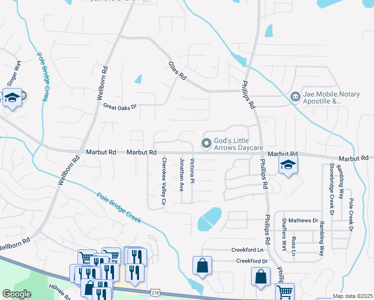 map of restaurants, bars, coffee shops, grocery stores, and more near 6136 Marbut Road in Lithonia