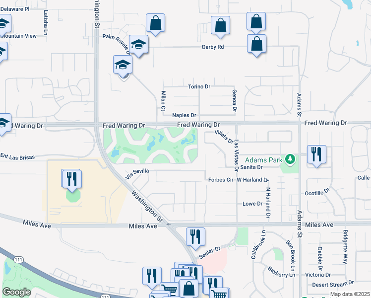map of restaurants, bars, coffee shops, grocery stores, and more near 78455 Magenta Drive in La Quinta