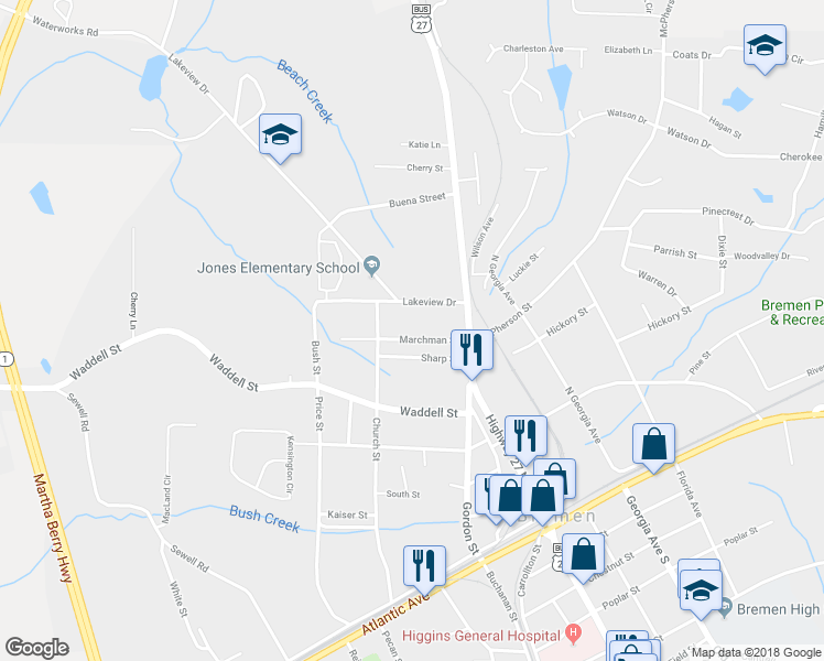 map of restaurants, bars, coffee shops, grocery stores, and more near 121 Marchman Street in Bremen