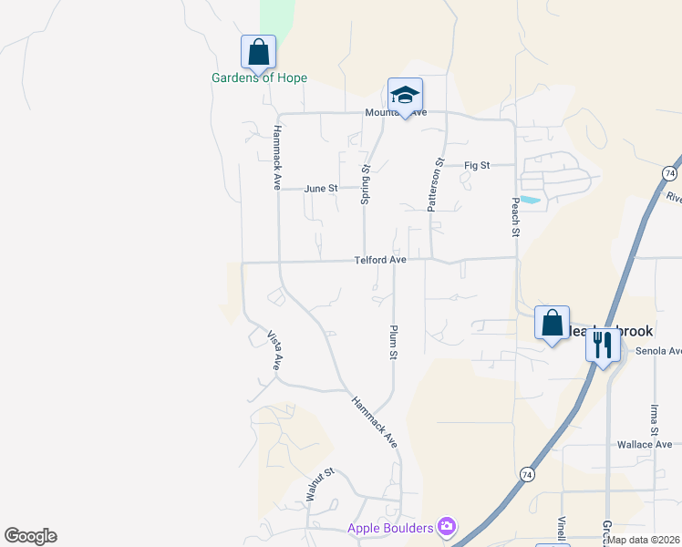 map of restaurants, bars, coffee shops, grocery stores, and more near 20263 Telford Avenue in Perris