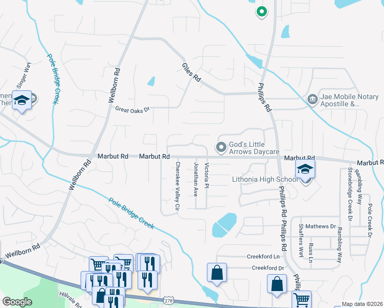 map of restaurants, bars, coffee shops, grocery stores, and more near 6101 Raintree Bend in Lithonia