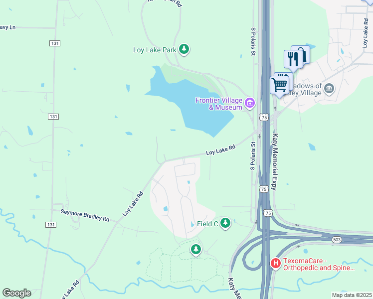 map of restaurants, bars, coffee shops, grocery stores, and more near 3813 West Loy Lake Road in Denison