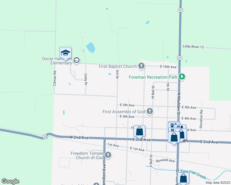 map of restaurants, bars, coffee shops, grocery stores, and more near 605 3rd Street in Foreman