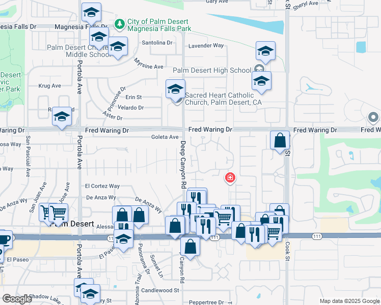 map of restaurants, bars, coffee shops, grocery stores, and more near 44249 Portofino Court in Palm Desert