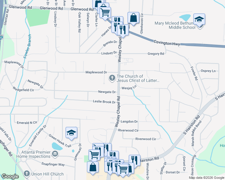 map of restaurants, bars, coffee shops, grocery stores, and more near 2469 Newgate Drive in Decatur