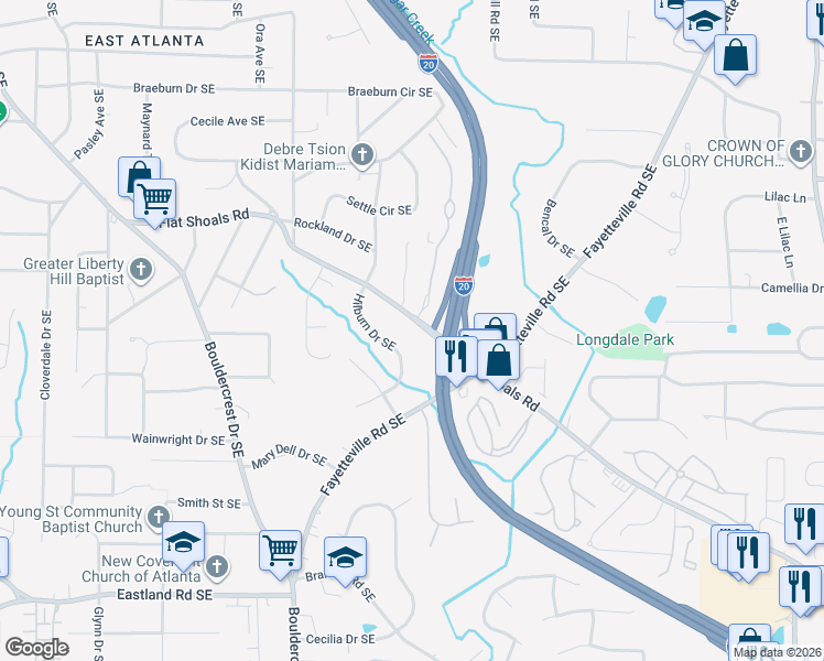 map of restaurants, bars, coffee shops, grocery stores, and more near 1905 Flat Shoals Road Southeast in Atlanta