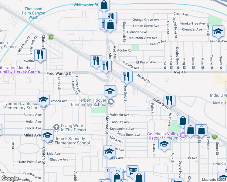 map of restaurants, bars, coffee shops, grocery stores, and more near 44260 Monroe Street in Indio