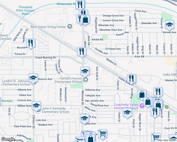 map of restaurants, bars, coffee shops, grocery stores, and more near 44260 Monroe Street in Indio