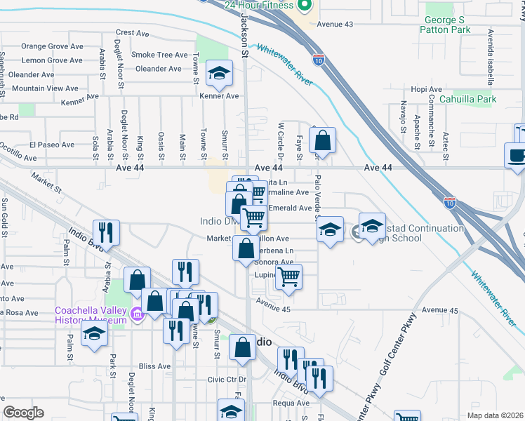 map of restaurants, bars, coffee shops, grocery stores, and more near 83031 Emerald Avenue in Indio