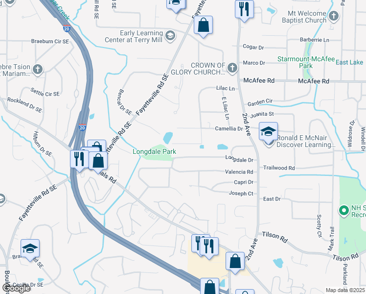 map of restaurants, bars, coffee shops, grocery stores, and more near 2202 Lilac Lane in Decatur