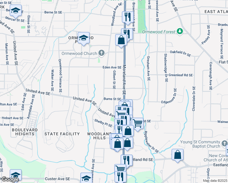 map of restaurants, bars, coffee shops, grocery stores, and more near Gilbert Street Southeast in Atlanta