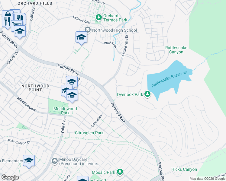 map of restaurants, bars, coffee shops, grocery stores, and more near 4727 Portola Parkway in Irvine