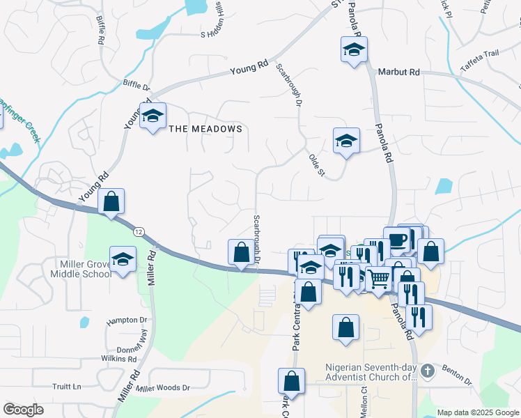 map of restaurants, bars, coffee shops, grocery stores, and more near 2196 Scarbrough Drive in Stone Mountain