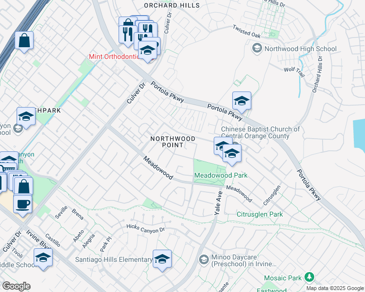 map of restaurants, bars, coffee shops, grocery stores, and more near 5 Canyon Sage in Irvine