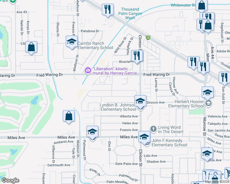 map of restaurants, bars, coffee shops, grocery stores, and more near 81236 Avenida Gonzalez in Indio