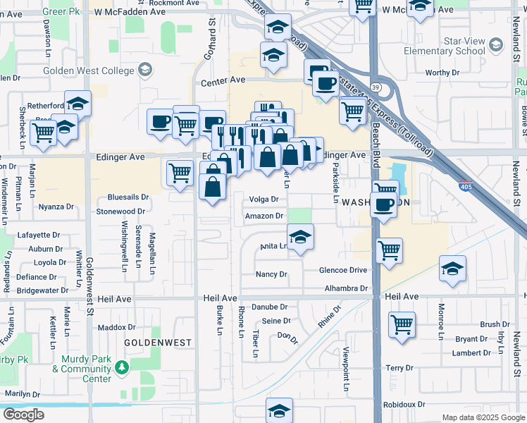 map of restaurants, bars, coffee shops, grocery stores, and more near 7602 Volga Drive in Huntington Beach
