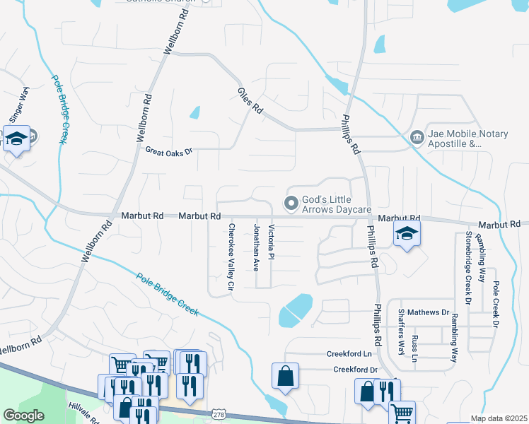 map of restaurants, bars, coffee shops, grocery stores, and more near 2093 Victoria Place in Lithonia