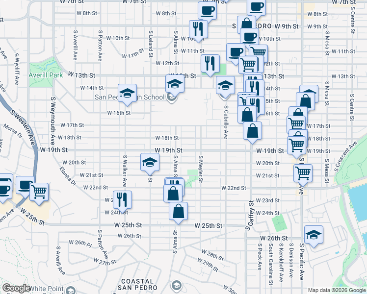 map of restaurants, bars, coffee shops, grocery stores, and more near 970 West 19th Street in San Pedro