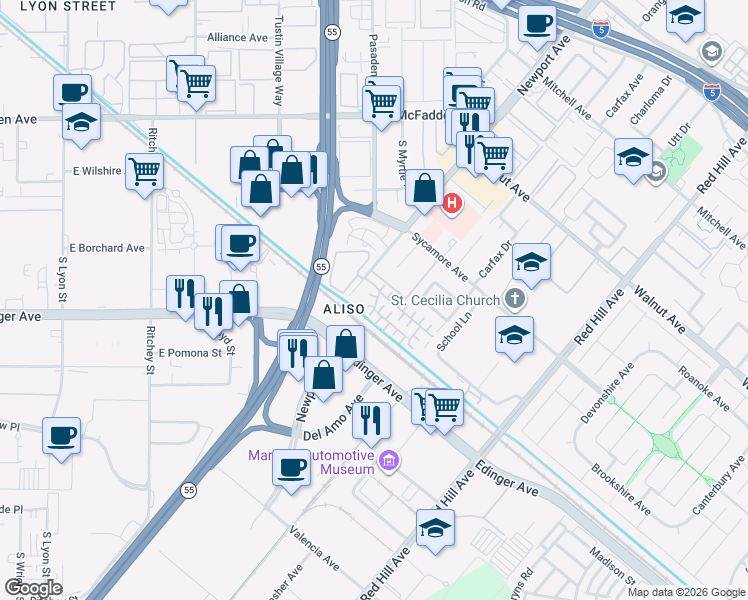 map of restaurants, bars, coffee shops, grocery stores, and more near in Tustin