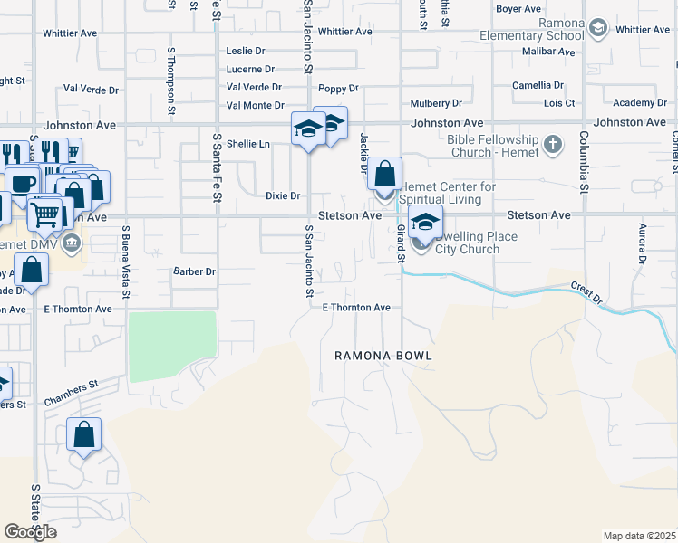 map of restaurants, bars, coffee shops, grocery stores, and more near 40330 Indian Tree Drive in Hemet