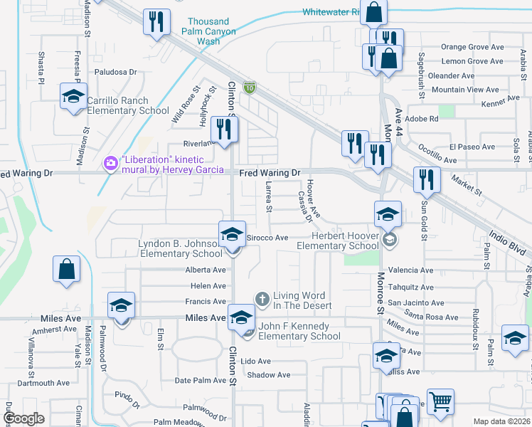map of restaurants, bars, coffee shops, grocery stores, and more near 44292 Laurel Street in Indio