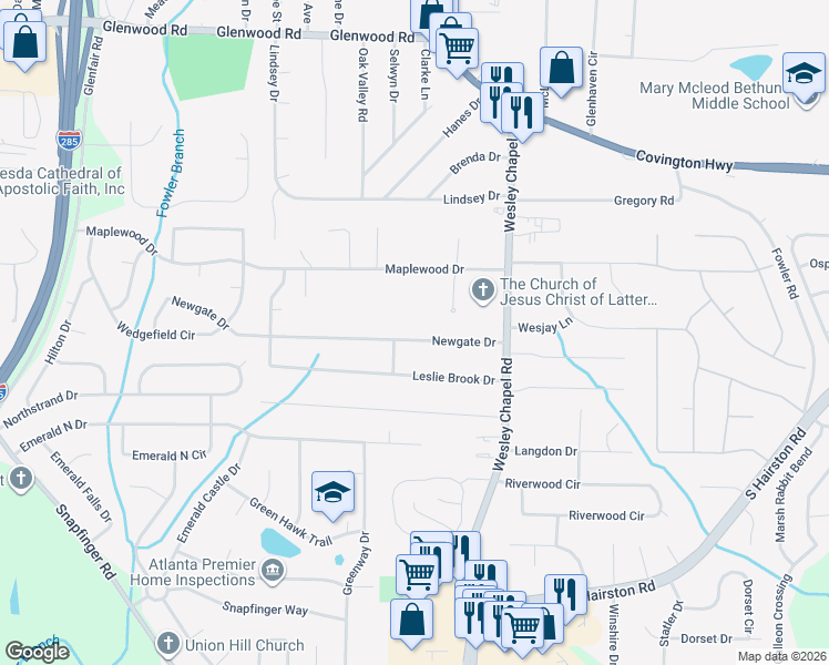 map of restaurants, bars, coffee shops, grocery stores, and more near 2403 Newgate Drive in Decatur